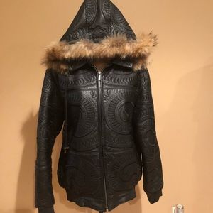 Women’s Leather Jacket with Faux Fur Hood